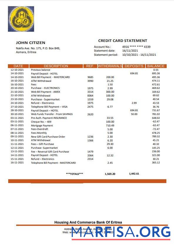 Printable Eritrea Housing and Commerce bank statement word example